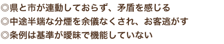 ◎県と市が連動しておらず、矛盾を感じる　中途半端な分煙を余儀なくされ、お客逃がす　条例は基準が曖昧で機能していない