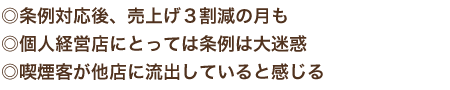 ◎条例対応後、売上げ３割減の月も　個人経営店にとっては条例は大迷惑　喫煙客が他店に流出していると感じる