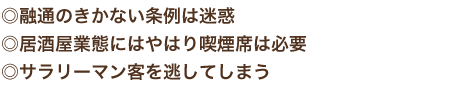 ◎融通のきかない条例は迷惑　居酒屋業態にはやはり喫煙席は必要　サラリーマン客を逃してしまう